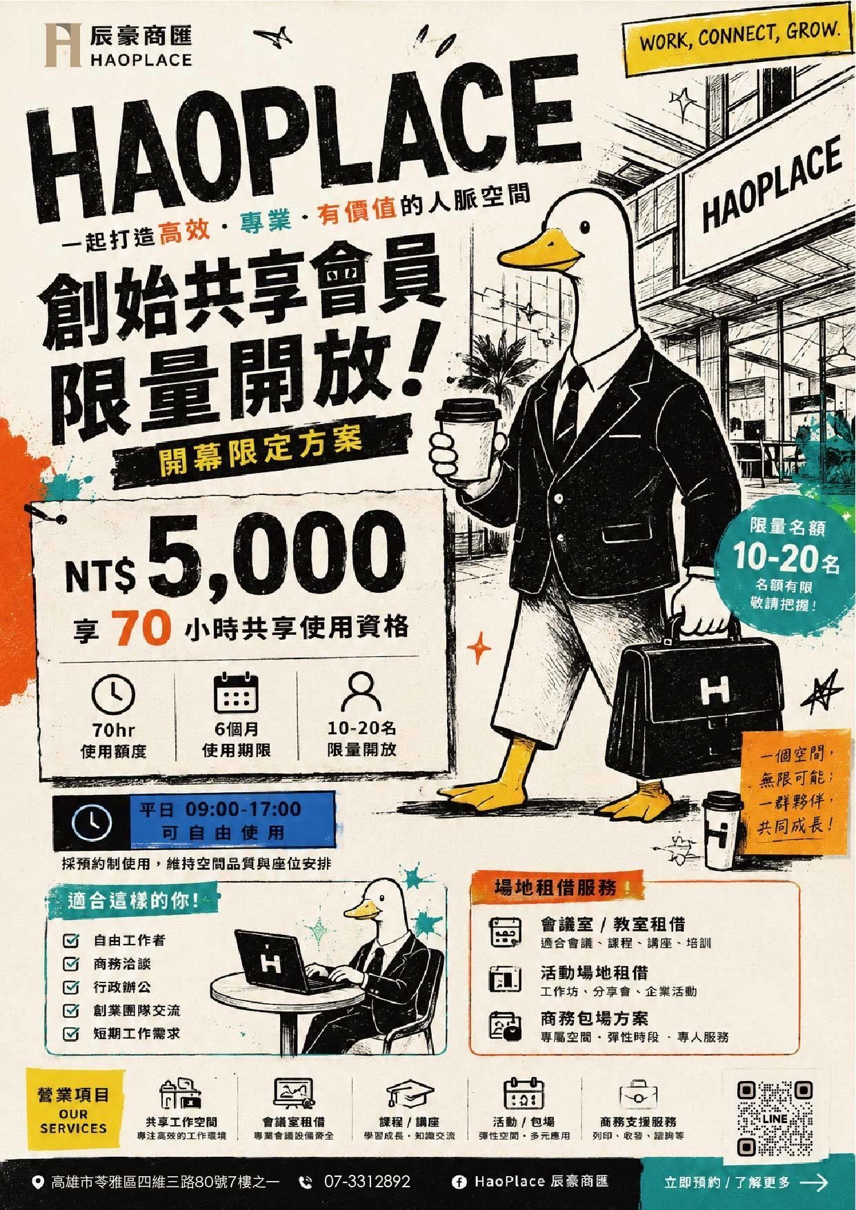 HaoPlace 高雄共享教室 5000 元 70 小時方案